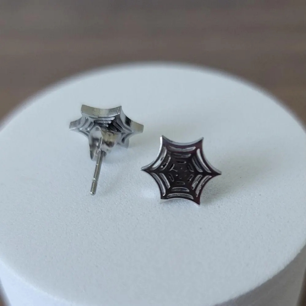 Silver-tone Stainless Steel Spider Web Earring Studs